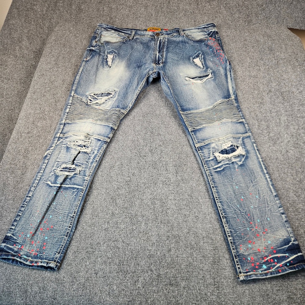 Makobi Mens Biker Jeans 46x34 Distressed Moto Paint Splatter Light Wash M1783